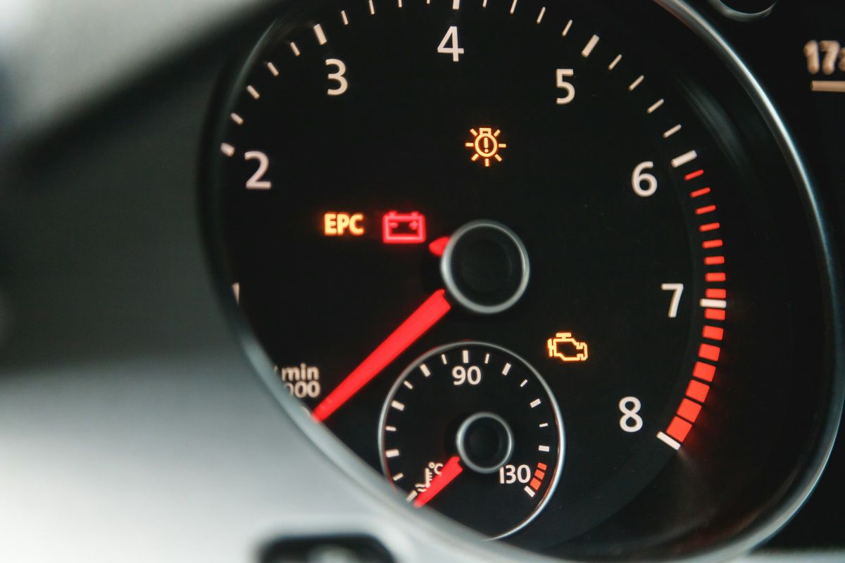 Een toerenteller met brandende lampjes voor de batterij, de motor en de verlichting